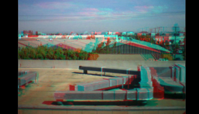 red-cyan 3D image of ducts on a roof