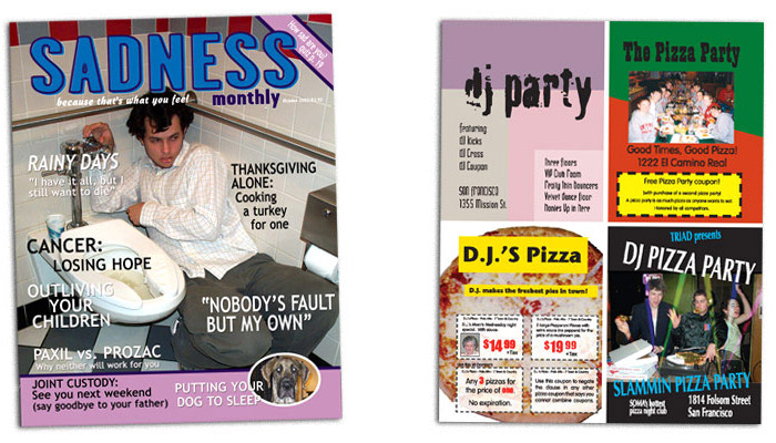 a sad person and a series of pizza party / DJ advertisements