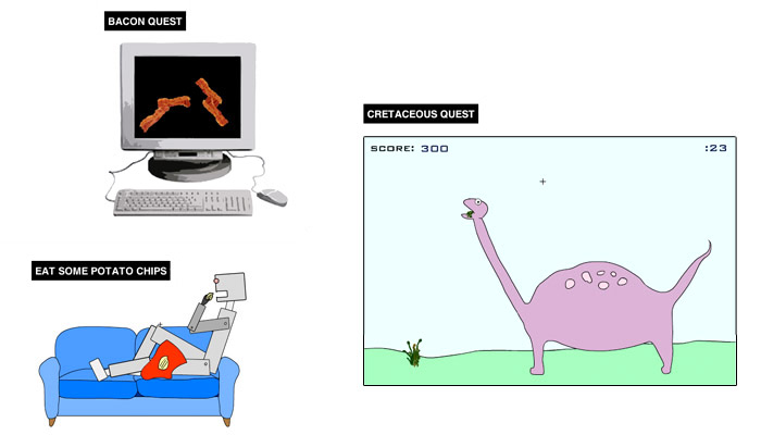 bacon on a computer screen; a robot on a couch; a dinosaur eating grass
